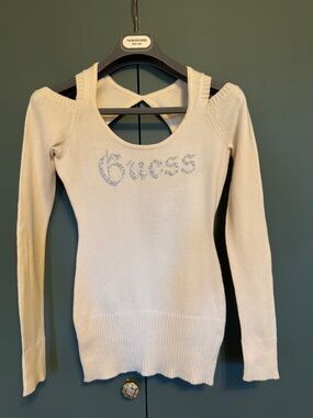 Y2k 90s Vintage Guess Cut Shoulder off white Sweater rhinestone logo size S